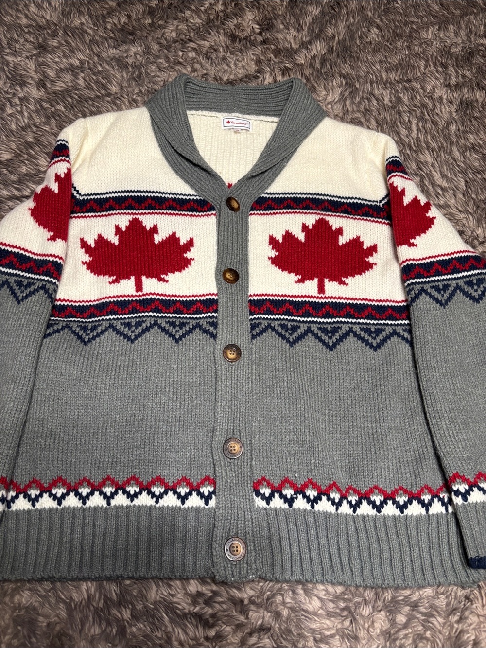 NWOT Shawl-Collar Cardigan Sweater in Gray, Cream & Red Maple Motif